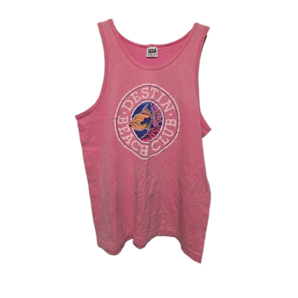 Vintage Destin FL Beach Club Pink Tank Top Anvil USA One Size Graphic 90s Tee